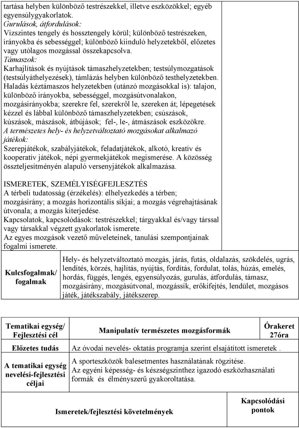 Támaszok: Karhajlítások és nyújtások támaszhelyzetekben; testsúlymozgatások (testsúlyáthelyezések), támlázás helyben különböző testhelyzetekben.