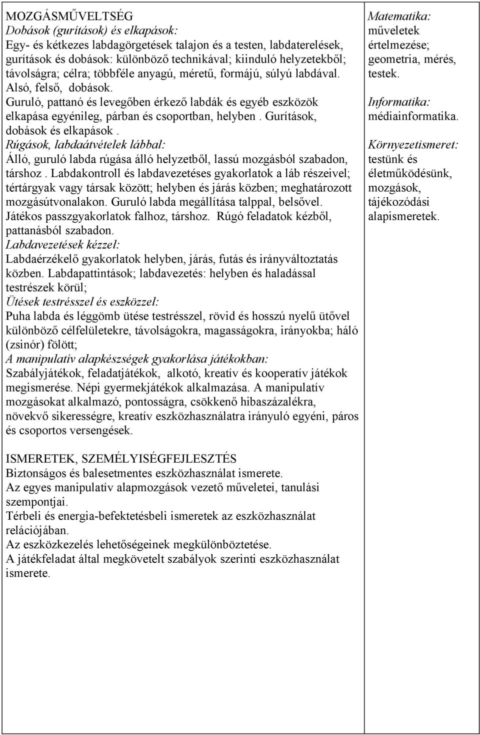 Gurítások, dobások és elkapások. Rúgások, labdaátvételek lábbal: Álló, guruló labda rúgása álló helyzetből, lassú mozgásból szabadon, társhoz.