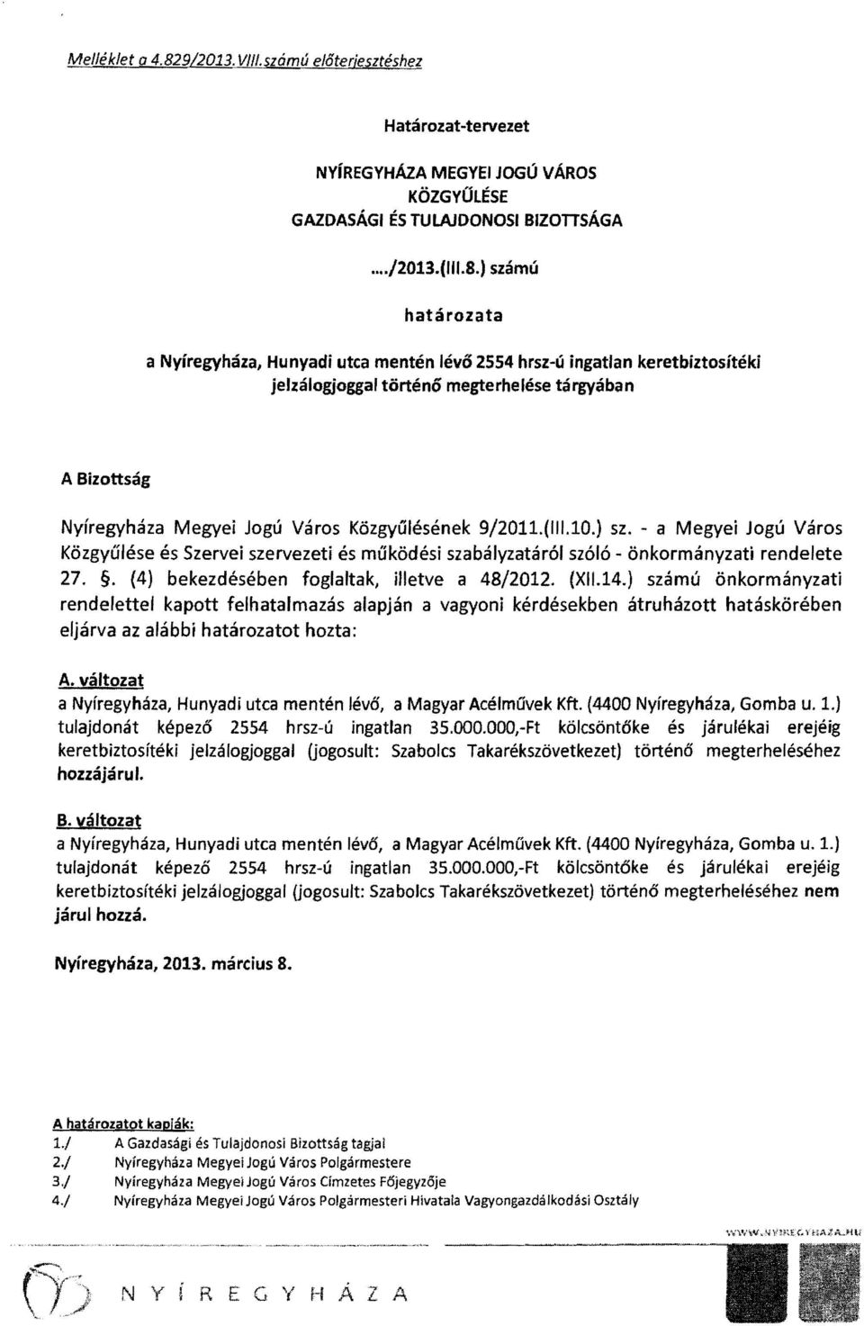 ) számú határozata a Nyíregyháza, Hunyadi utca mentén lévő 2554 hrsz-ú ingatlan keretbiztosítéki jelzálogjoggal történő megterhelése tárgyában A Bizottság Nyíregyháza Megyei Jogú Város Közgyűlésének