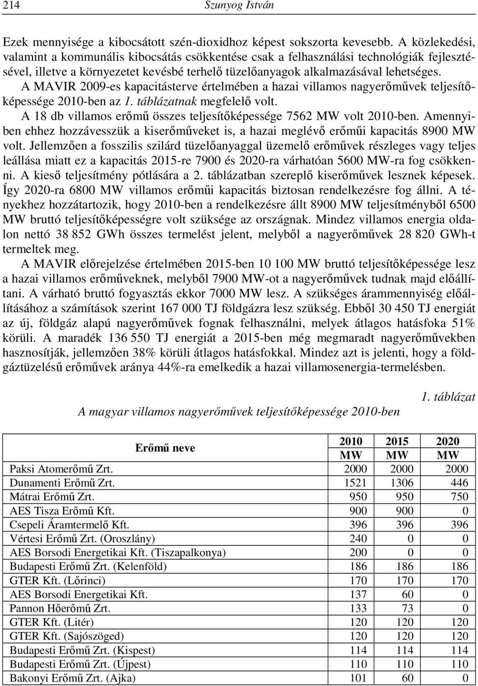 A MAVIR 2009-es kapacitásterve értelmében a hazai villamos nagyerőművek teljesítőképessége 2010-ben az 1. táblázatnak megfelelő volt.