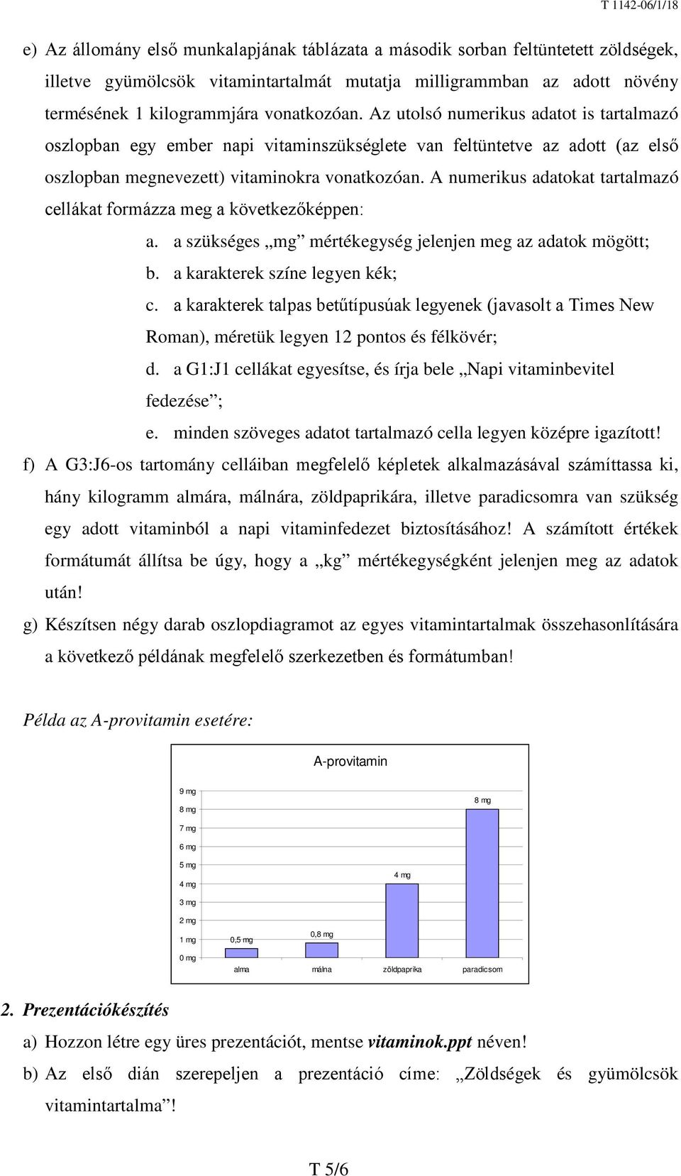 A numerikus adatokat tartalmazó cellákat formázza meg a következőképpen: a. a szükséges mg mértékegység jelenjen meg az adatok mögött; b. a karakterek színe legyen kék; c.