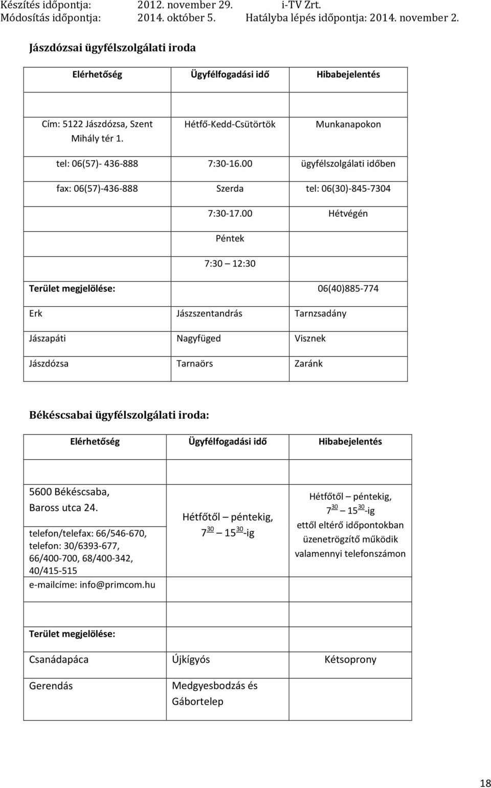 00 Hétvégén Péntek 7:30 12:30 06(40)885-774 Erk Jászszentandrás Tarnzsadány Jászapáti Nagyfüged Visznek Jászdózsa Tarnaörs Zaránk Békéscsabai ügyfélszolgálati iroda: 5600 Békéscsaba,