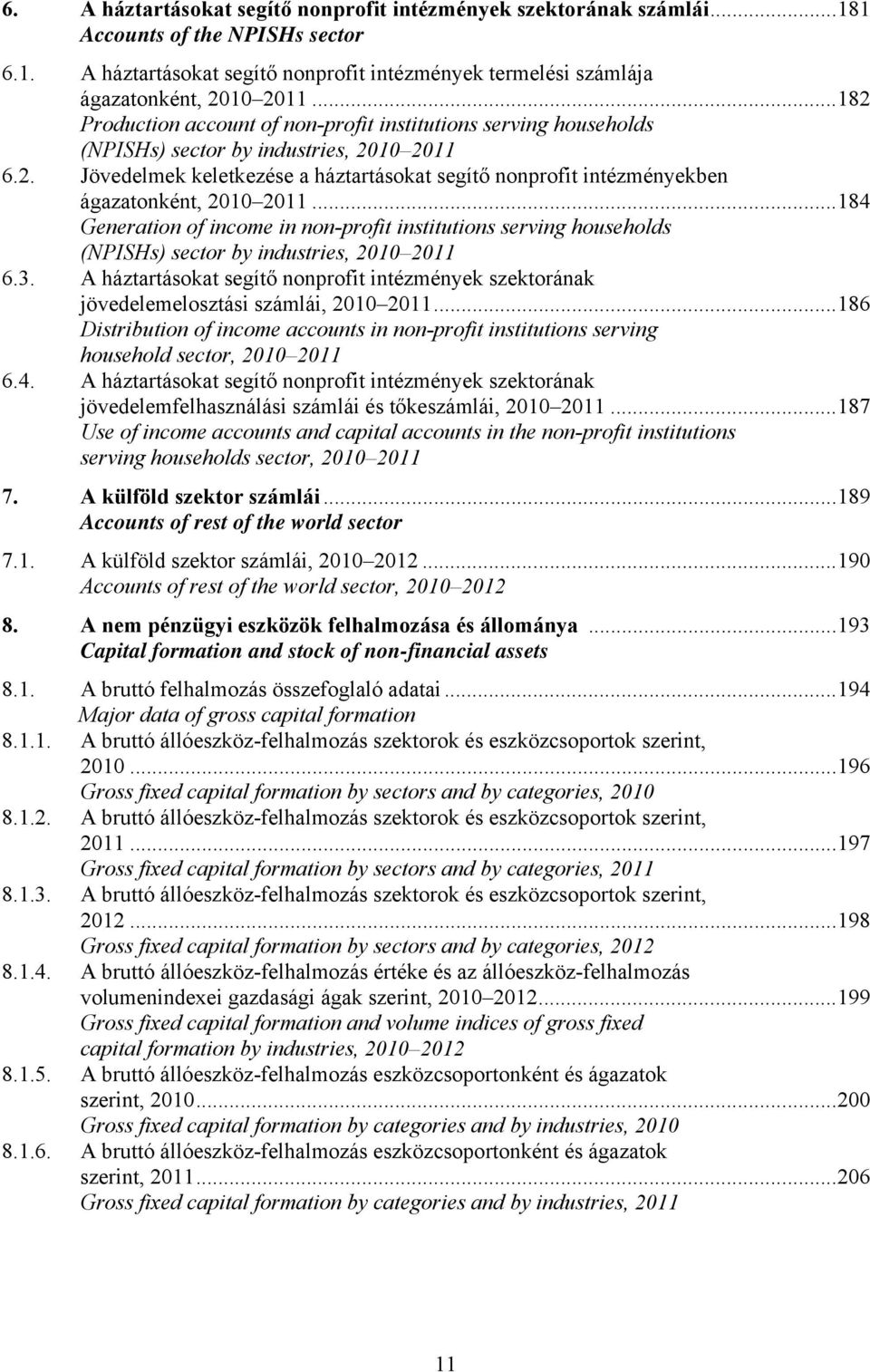 ..184 Generation of income in non-profit institutions serving households (NPISHs) sector by industries, 2010 2011 6.3.
