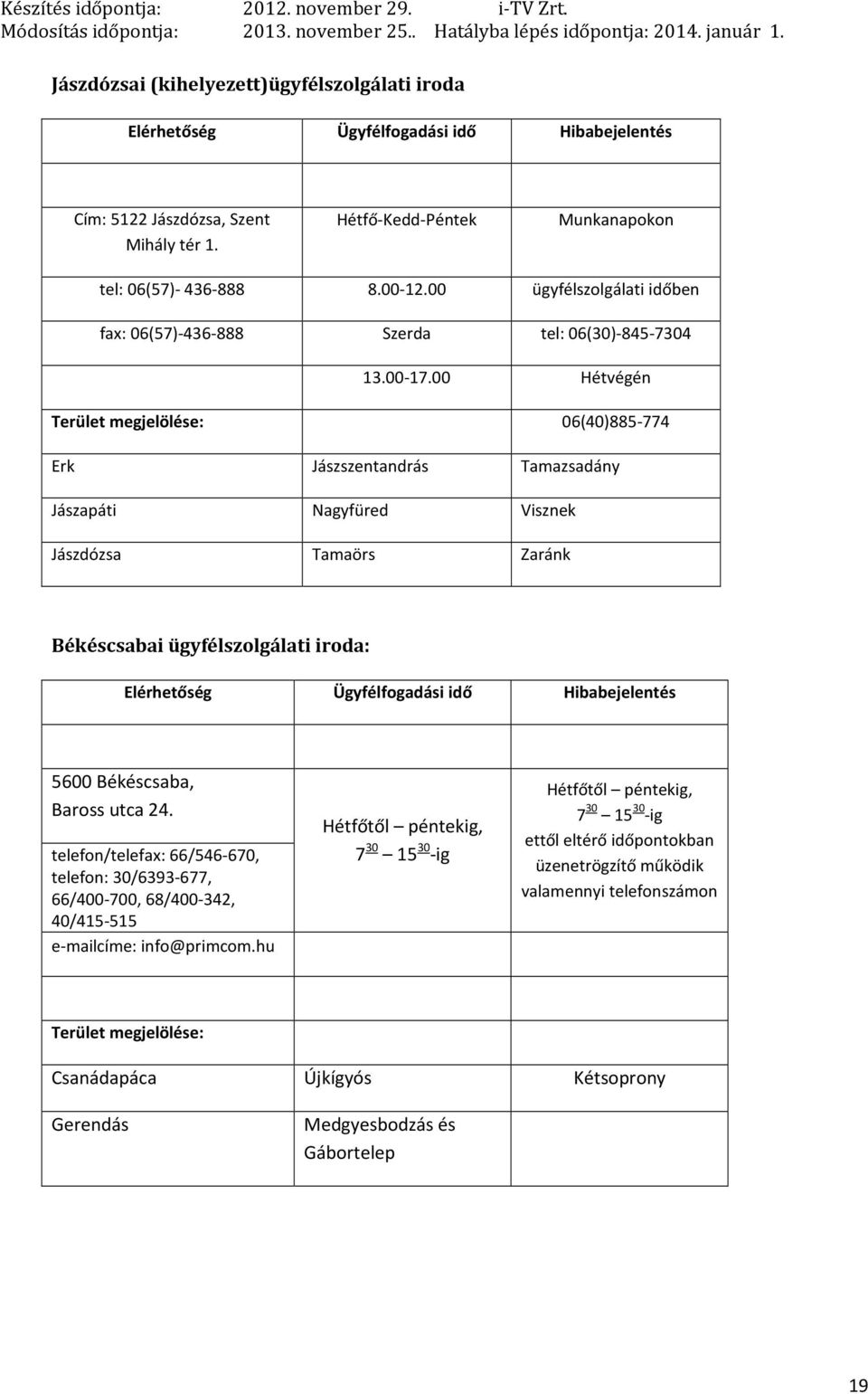 00 Hétvégén 06(40)885-774 Erk Jászszentandrás Tamazsadány Jászapáti Nagyfüred Visznek Jászdózsa Tamaörs Zaránk Békéscsabai ügyfélszolgálati iroda: 5600 Békéscsaba, Baross utca 24.