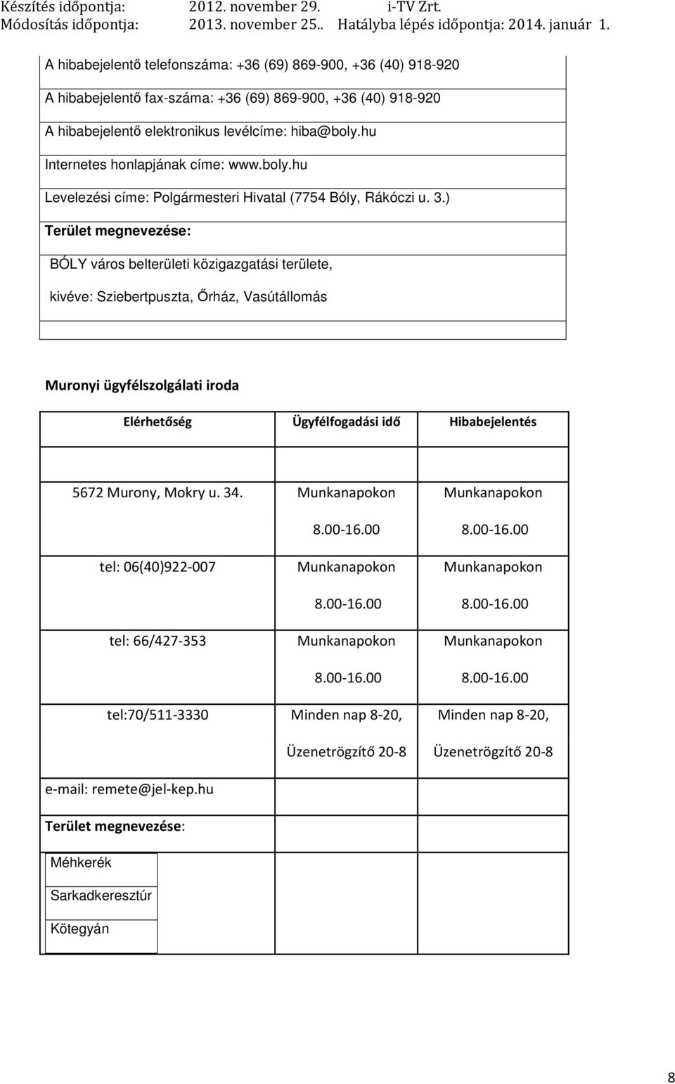 ) Terület megnevezése: BÓLY város belterületi közigazgatási területe, kivéve: Sziebertpuszta, Őrház, Vasútállomás Muronyi ügyfélszolgálati iroda 5672 Murony, Mokry u. 34. 8.00-16.