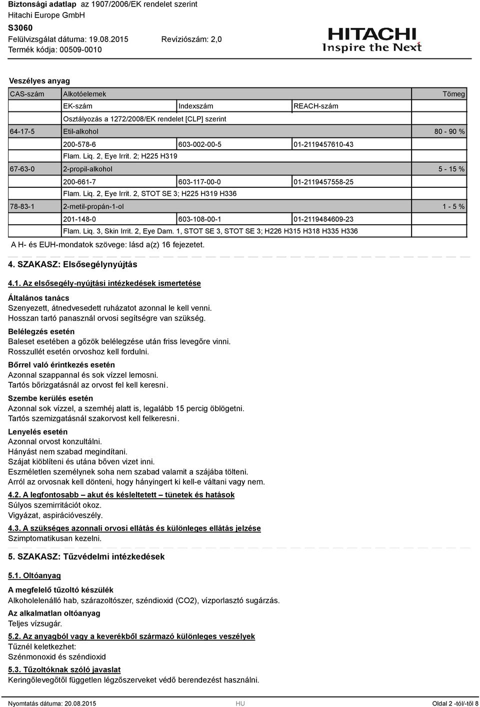 2, STOT SE ; H225 H19 H6 78-8-1 2-metil-propán-1-ol 1-5 % 201-148-0 60-108-00-1 01-2119484609-2 Flam. Liq., Skin Irrit. 2, Eye Dam.