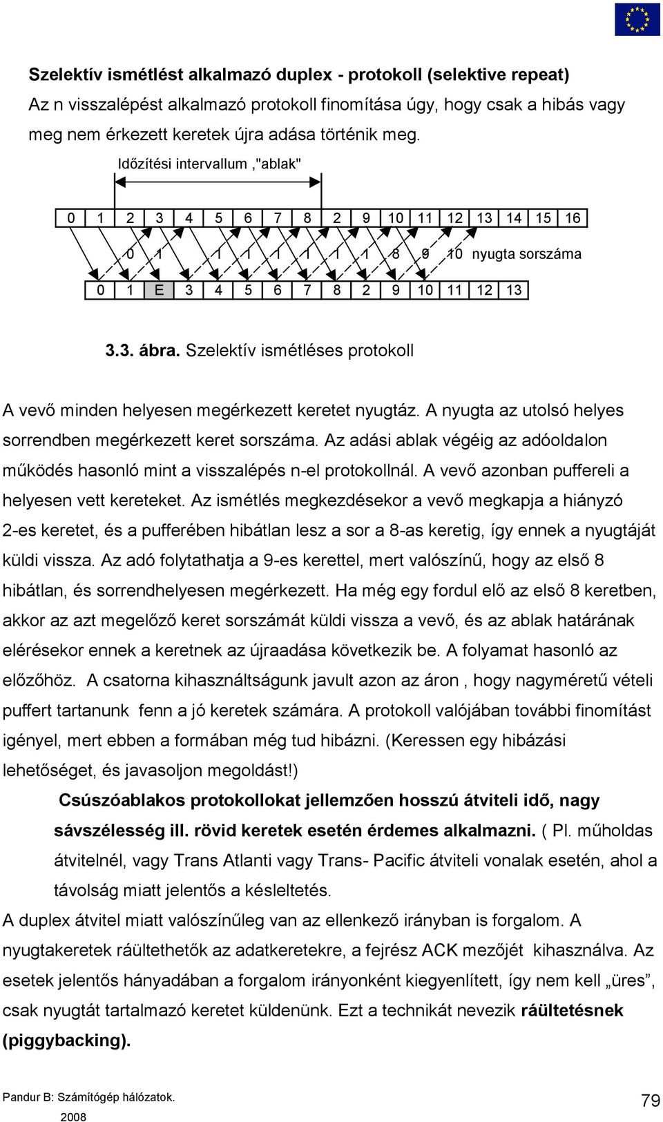 Szelektív ismétléses protokoll A vevő minden helyesen megérkezett keretet nyugtáz. A nyugta az utolsó helyes sorrendben megérkezett keret sorszáma.