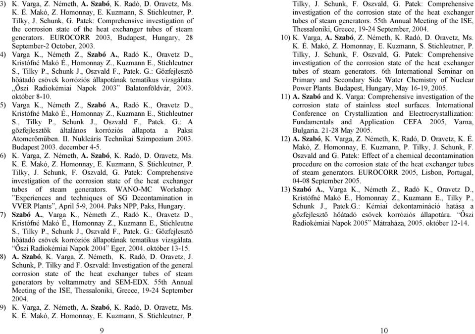 , Oszvald F., Patek. G.: Gőzfejlesztő hőátadó csövek korróziós állapotának tematikus vizsgálata. Őszi Radiokémiai Napok 2003 Balatonföldvár, 2003. október 8-10. 5) Varga K., Németh Z., Szabó A.