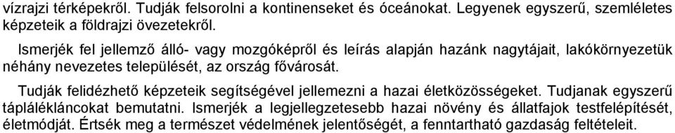 fővárosát. Tudják felidézhető képzeteik segítségével jellemezni a hazai életközösségeket. Tudjanak egyszerű táplálékláncokat bemutatni.