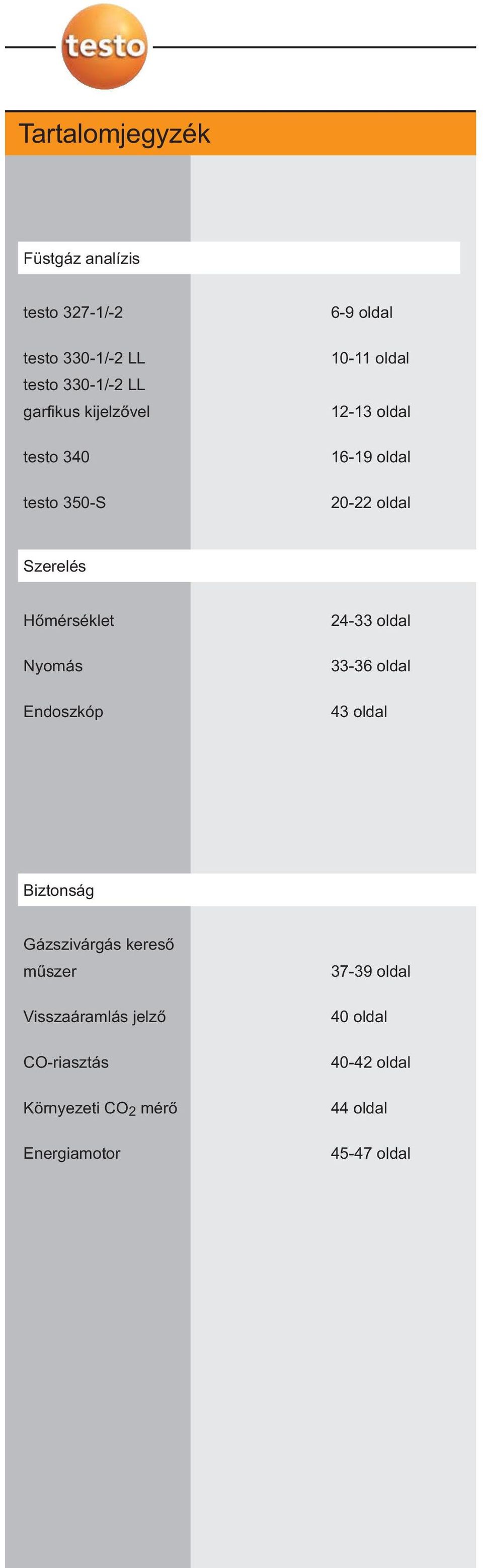 Hőmérséklet Nyomás Endoszkóp 24-33 oldal 33-36 oldal 43 oldal Biztonság Gázszivárgás kereső műszer