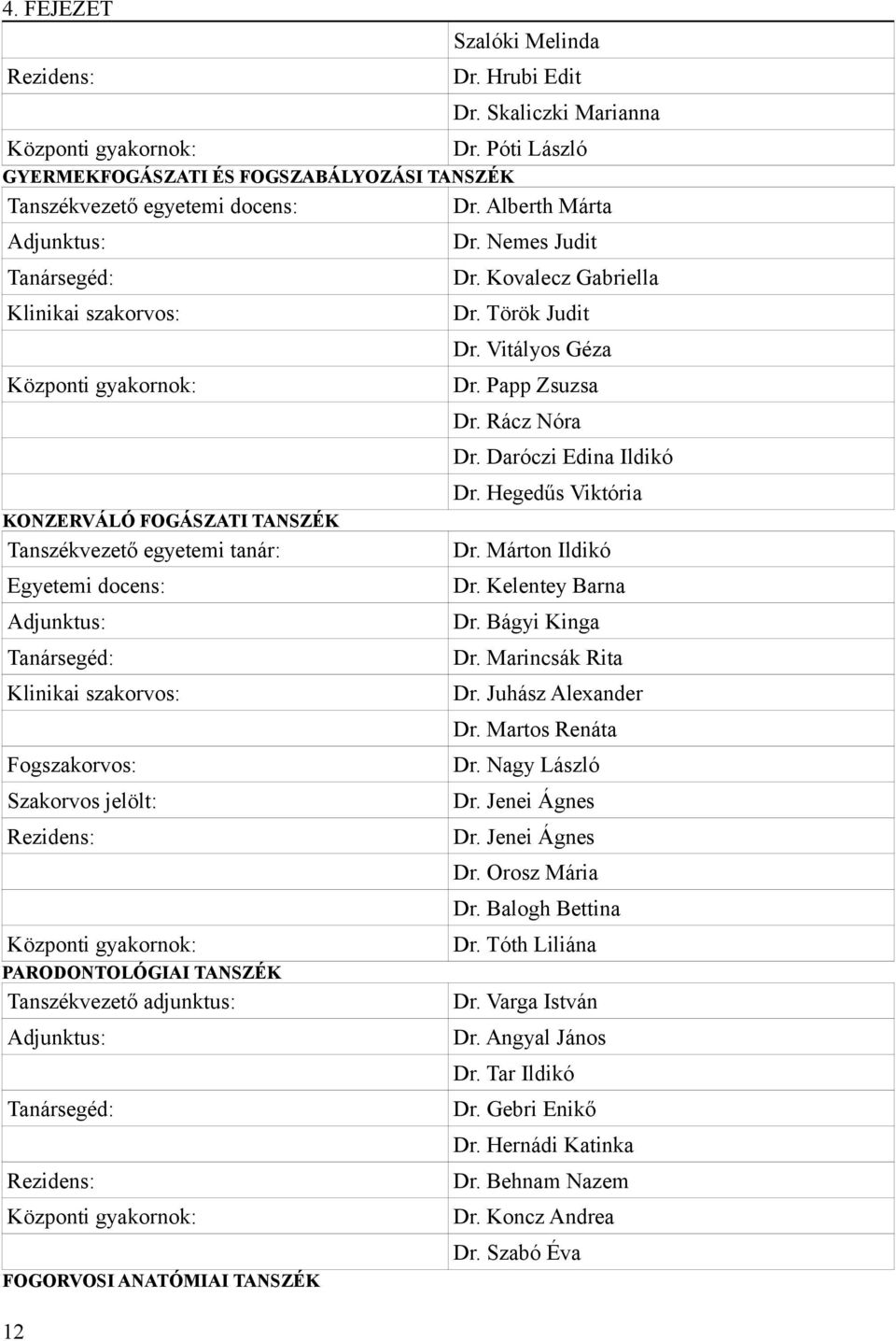 Daróczi Edina Ildikó KONZERVÁLÓ FOGÁSZATI TANSZÉK Tanszékvezető egyetemi tanár: Egyetemi docens: Adjunktus: Tanársegéd: Klinikai szakorvos: Dr. Hegedűs Viktória Dr. Márton Ildikó Dr.