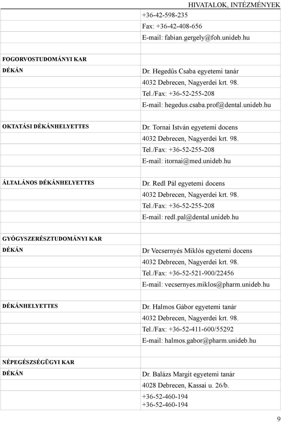 /Fax: +36-52-255-208 E-mail: itornai@med.unideb.hu ÁLTALÁNOS DÉKÁNHELYETTES Dr. Redl Pál egyetemi docens 4032 Debrecen, Nagyerdei krt. 98. Tel./Fax: +36-52-255-208 E-mail: redl.pal@dental.unideb.hu GYÓGYSZERÉSZTUDOMÁNYI KAR DÉKÁN Dr Vecsernyés Miklós egyetemi docens 4032 Debrecen, Nagyerdei krt.