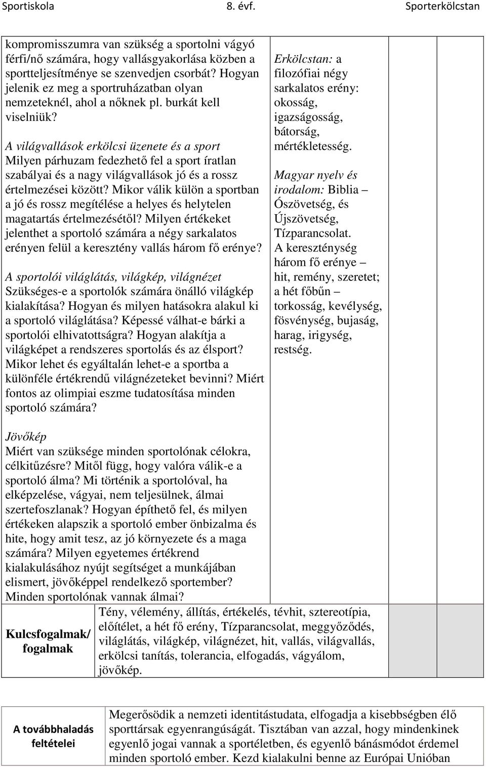 A világvallások erkölcsi üzenete és a sport Milyen párhuzam fedezhető fel a sport íratlan szabályai és a nagy világvallások jó és a rossz értelmezései között?