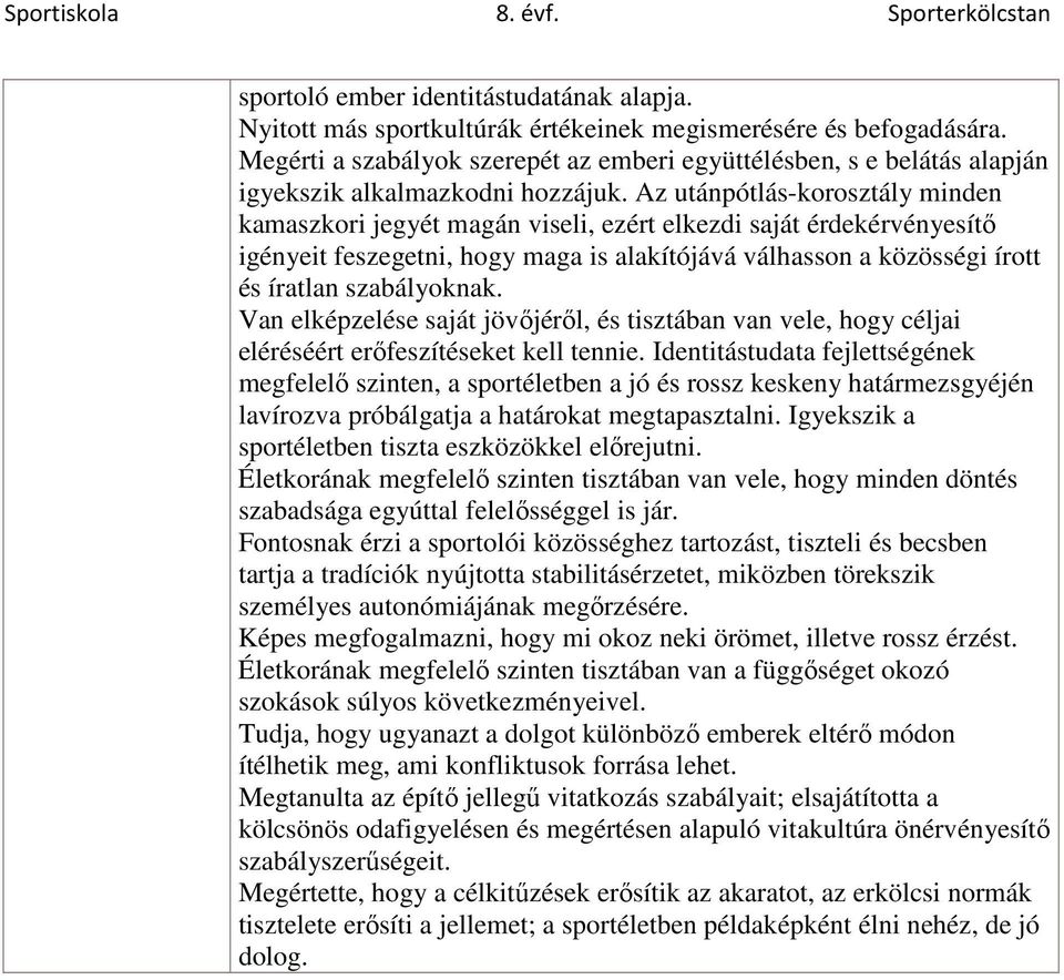 Az utánpótlás-korosztály minden kamaszkori jegyét magán viseli, ezért elkezdi saját érdekérvényesítő igényeit feszegetni, hogy maga is alakítójává válhasson a közösségi írott és íratlan szabályoknak.