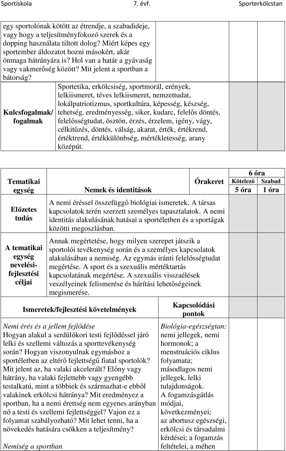 Kulcsfogalmak/ fogalmak Sportetika, erkölcsiség, sportmorál, erények, lelkiismeret, téves lelkiismeret, nemzettudat, lokálpatriotizmus, sportkultúra, képesség, készség, tehetség, eredményesség,