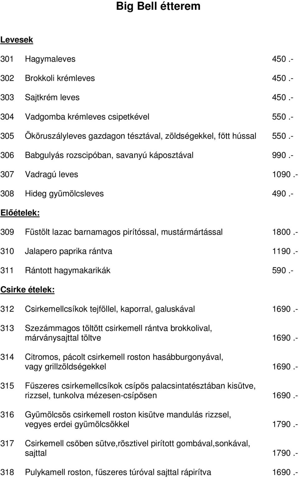 - Előételek: 309 Füstölt lazac barnamagos pirítóssal, mustármártással 1800.- 310 Jalapero paprika rántva 1190.- 311 Rántott hagymakarikák 590.