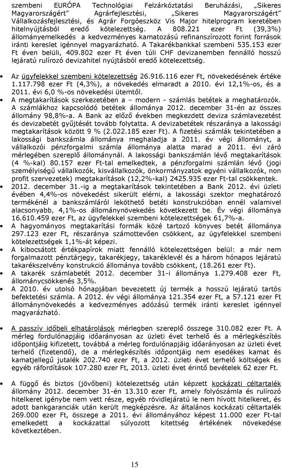 A Takarékbankkal szembeni 535.153 ezer Ft éven belüli, 409.802 ezer Ft éven túli CHF devizanemben fennálló hosszú lejáratú rulírozó devizahitel nyújtásból eredő kötelezettség.