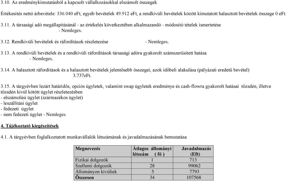 12. Rendkívüli bevételek és ráfordítások részletezése 3.13. A rendkívüli bevételek és a rendkívüli ráfordítások társasági adóra gyakorolt számszerűsített hatása 3.14.