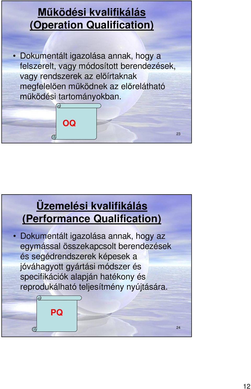 OQ 23 Üzemelési kvalifikálás (Performance Qualification) Dokumentált igazolása annak, hogy az egymással összekapcsolt