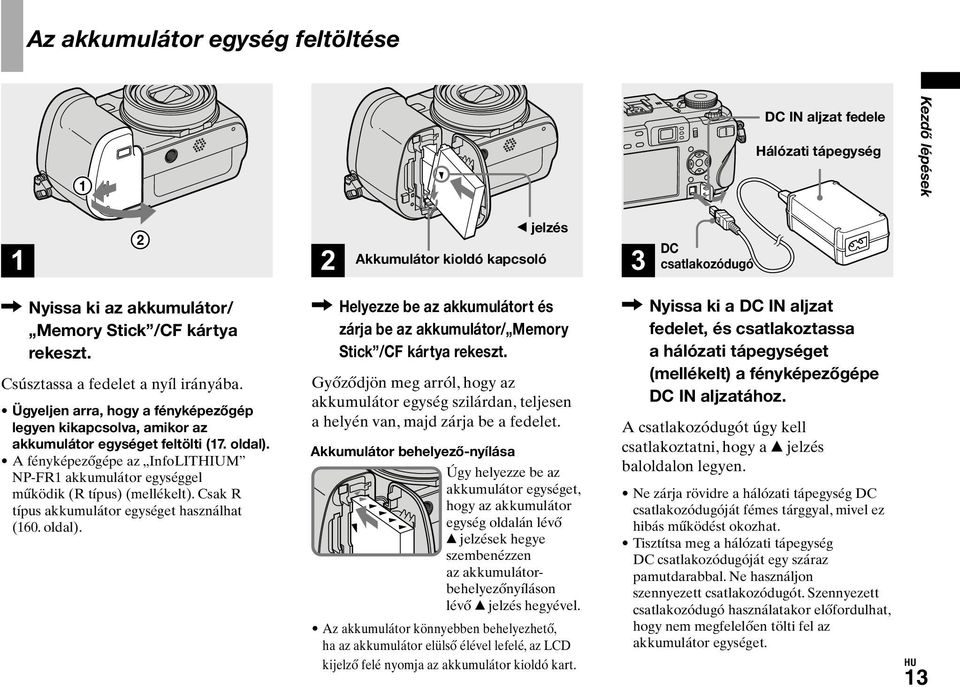 A fényképezőgépe az InfoLITHIUM NP-FR1 akkumulátor egységgel működik (R típus) (mellékelt). Csak R típus akkumulátor egységet használhat (160. oldal).