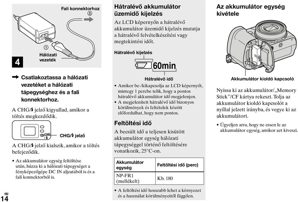 Hátralévő akkumulátor üzemidő kijelzés Az LCD képernyőn a hátralévő akkumulátor üzemidő kijelzés mutatja a hátralévő felvételkészítési vagy megtekintési időt.