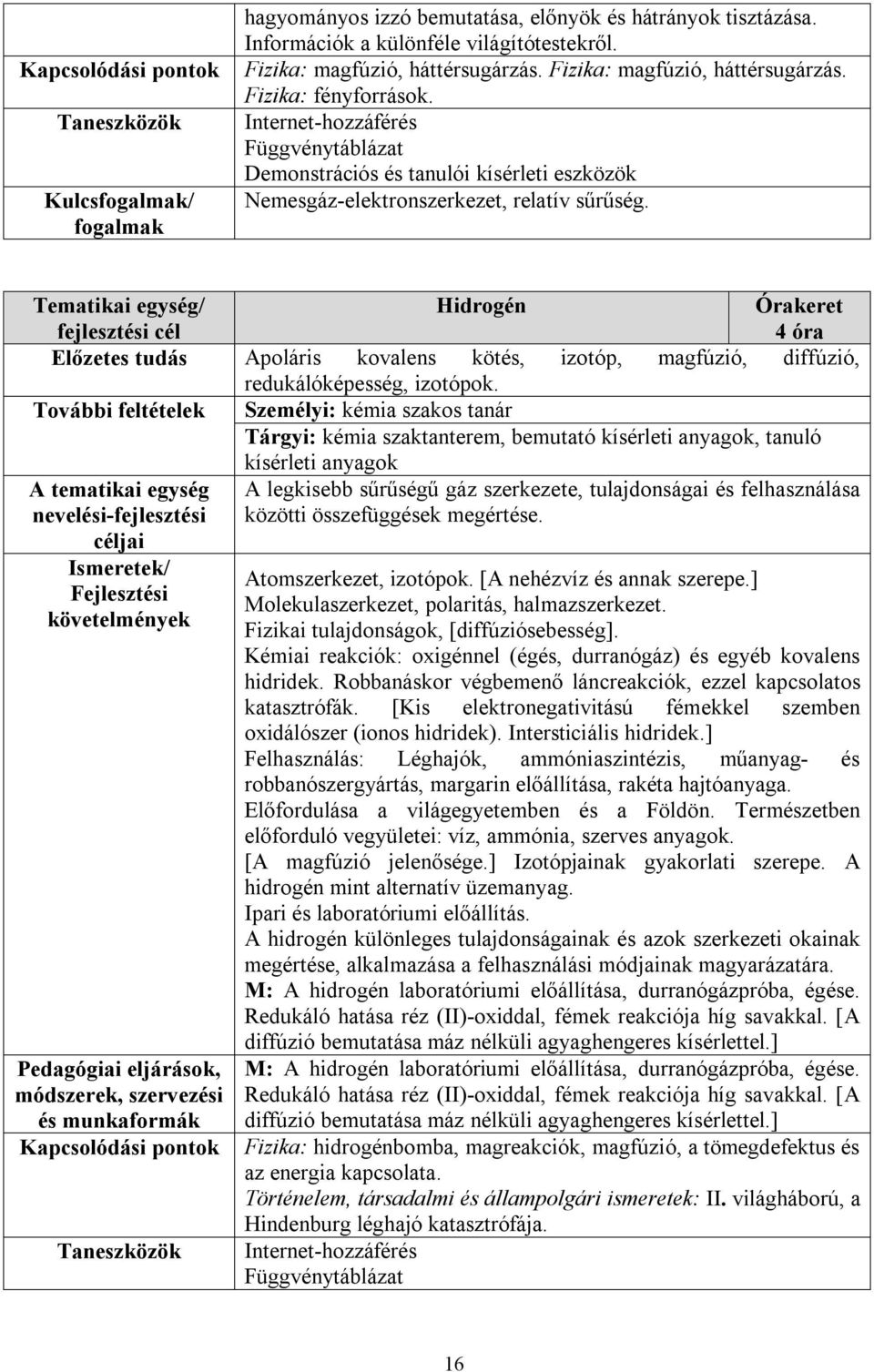 Tematikai egység/ fejlesztési cél Hidrogén Órakeret 4 óra Előzetes tudás Apoláris kovalens kötés, izotóp, magfúzió, diffúzió, redukálóképesség, izotópok.