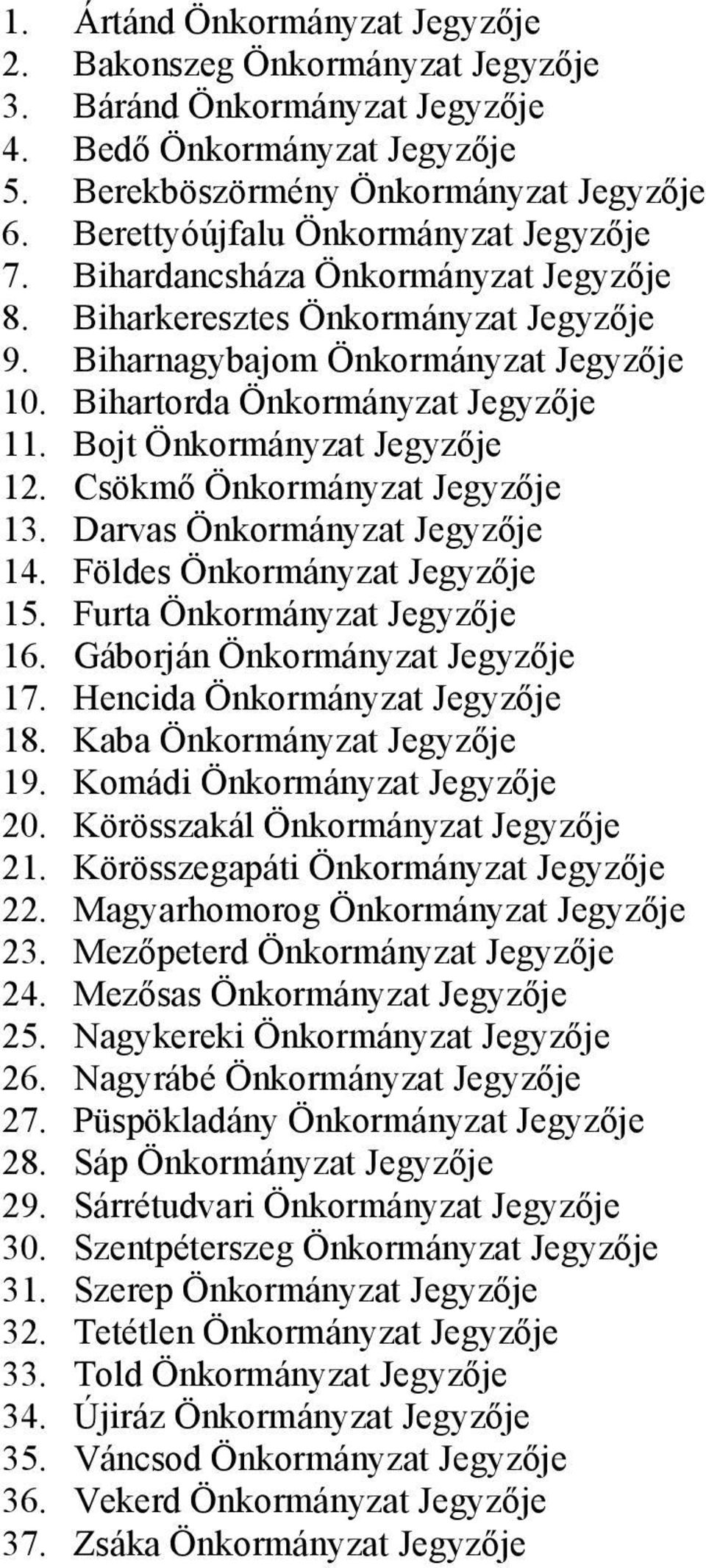 Bojt Önkormányzat Jegyzője 12. Csökmő Önkormányzat Jegyzője 13. Darvas Önkormányzat Jegyzője 14. Földes Önkormányzat Jegyzője 15. Furta Önkormányzat Jegyzője 16. Gáborján Önkormányzat Jegyzője 17.