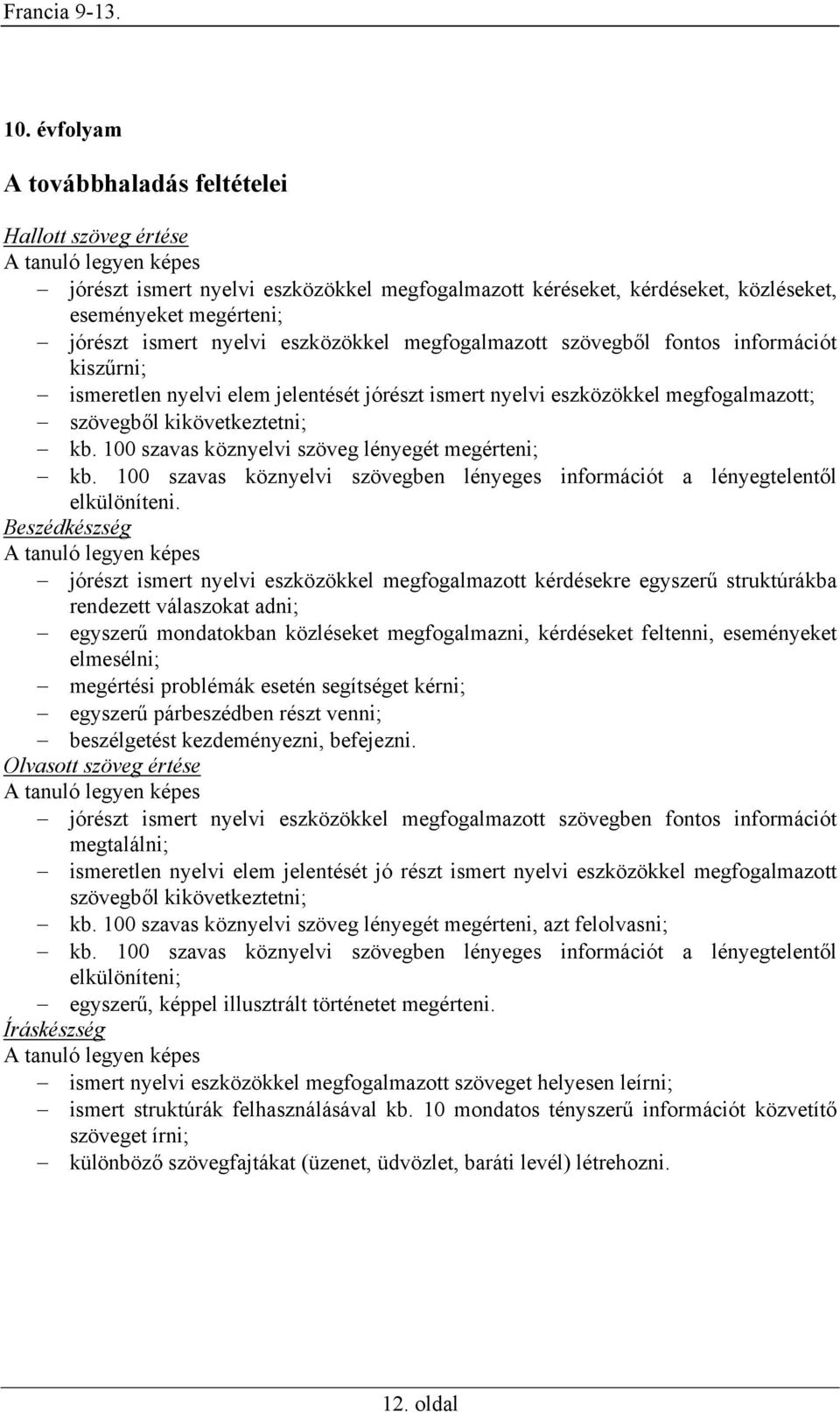 100 szavas köznyelvi szöveg lényegét megérteni; kb. 100 szavas köznyelvi szövegben lényeges információt a lényegtelentől elkülöníteni.