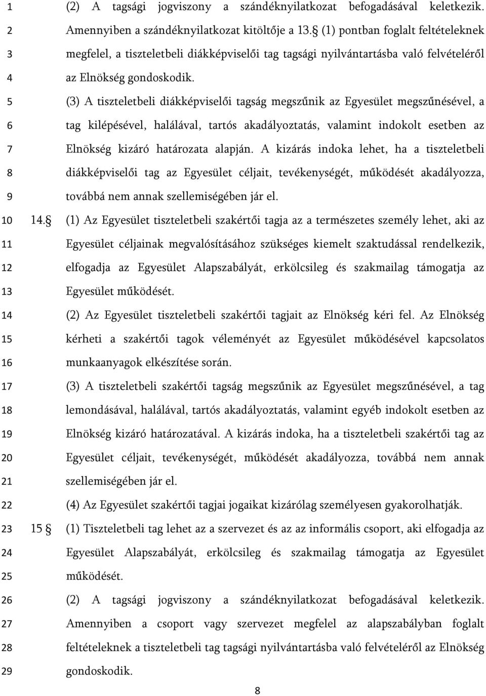 () A tiszteletbeli diákképviselői tagság megszűnik az Egyesület megszűnésével, a tag kilépésével, halálával, tartós akadályoztatás, valamint indokolt esetben az Elnökség kizáró határozata alapján.