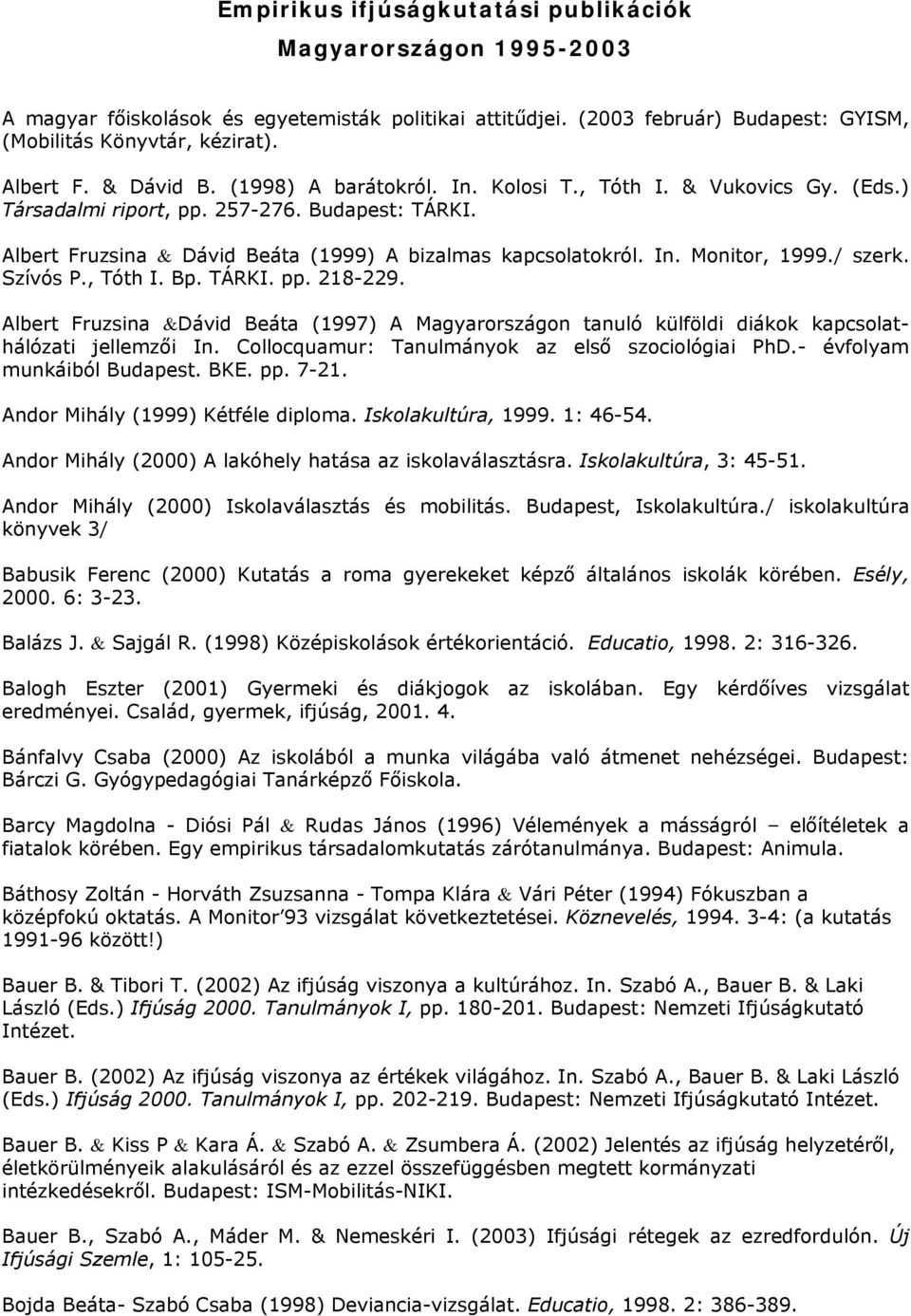 / szerk. Szívós P., Tóth I. Bp. TÁRKI. pp. 218-229. Albert Fruzsina &Dávid Beáta (1997) A Magyarországon tanuló külföldi diákok kapcsolathálózati jellemzői In.