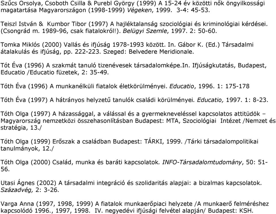 Tomka Miklós (2000) Vallás és ifjúság 1978-1993 között. In. Gábor K. (Ed.) Társadalmi átalakulás és ifjúság, pp. 222-223. Szeged: Belvedere Meridionale.