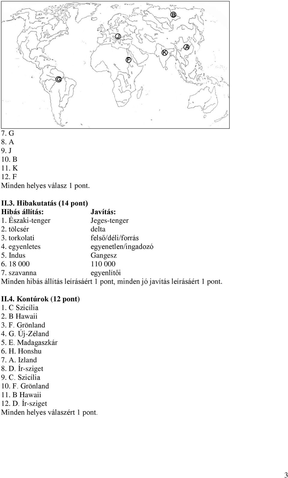 szavanna egyenlítői Minden hibás állítás leírásáért 1 pont, minden jó javítás leírásáért 1 pont. II.4. Kontúrok (12 pont) 1. C Szicília 2.