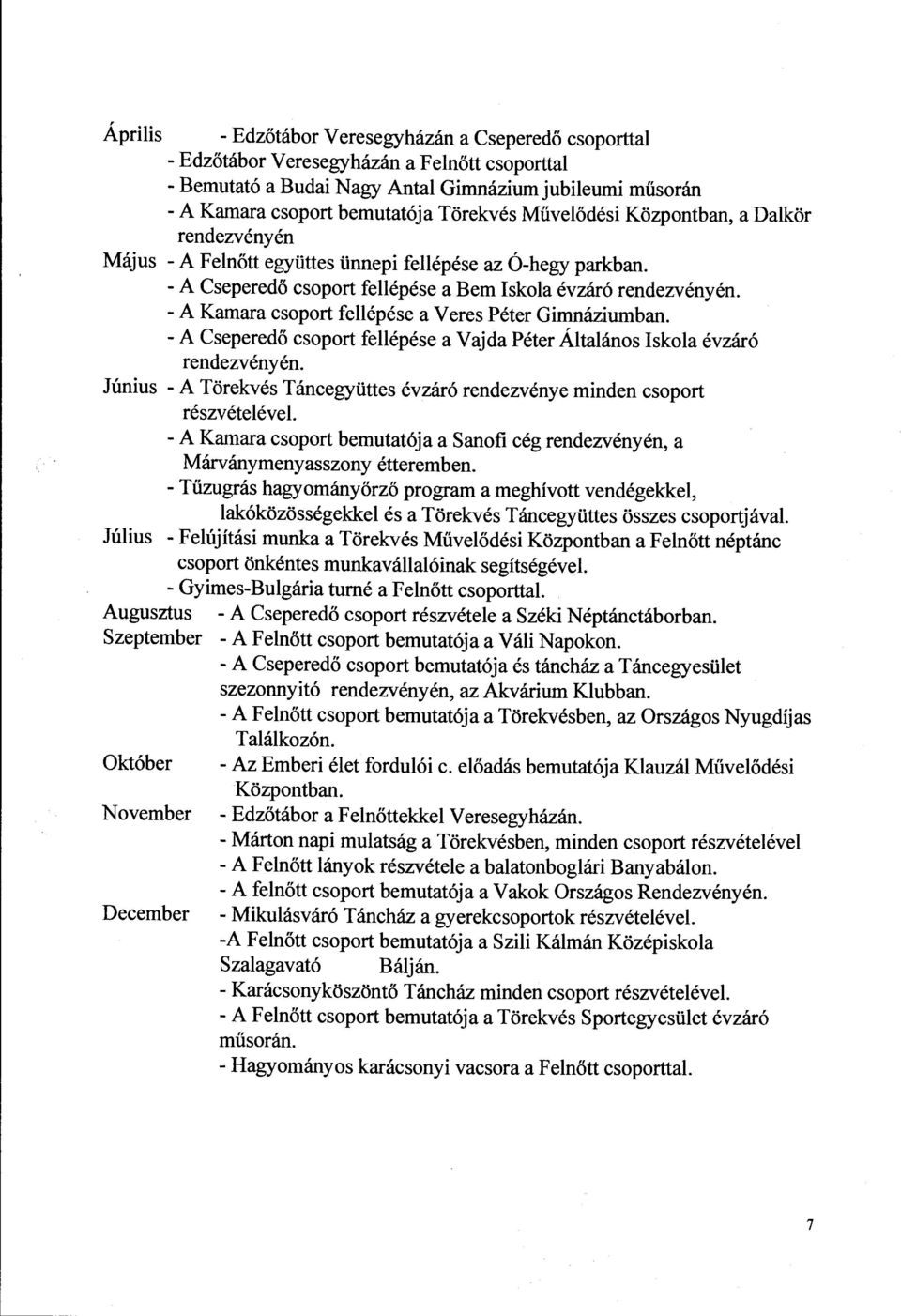 - A Kamara csoport fellépése a Veres Péter Gimnáziumban. -A Cseperedő csoport fellépése a Vajda Péter Általános Iskola évzáró rendezvény én.