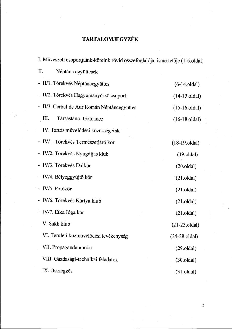 Törekvés Nyugdíjas klub - IV/3. Törekvés Dalkör - IV/4. Bélyeggyűjtő kör - IV/5. Fotókör - IV /6. Törekvés Kártya klub - IV/7. Etka Jóga kör V. Sakkklub VI. Területi közmüvelődési tevékenység VII.