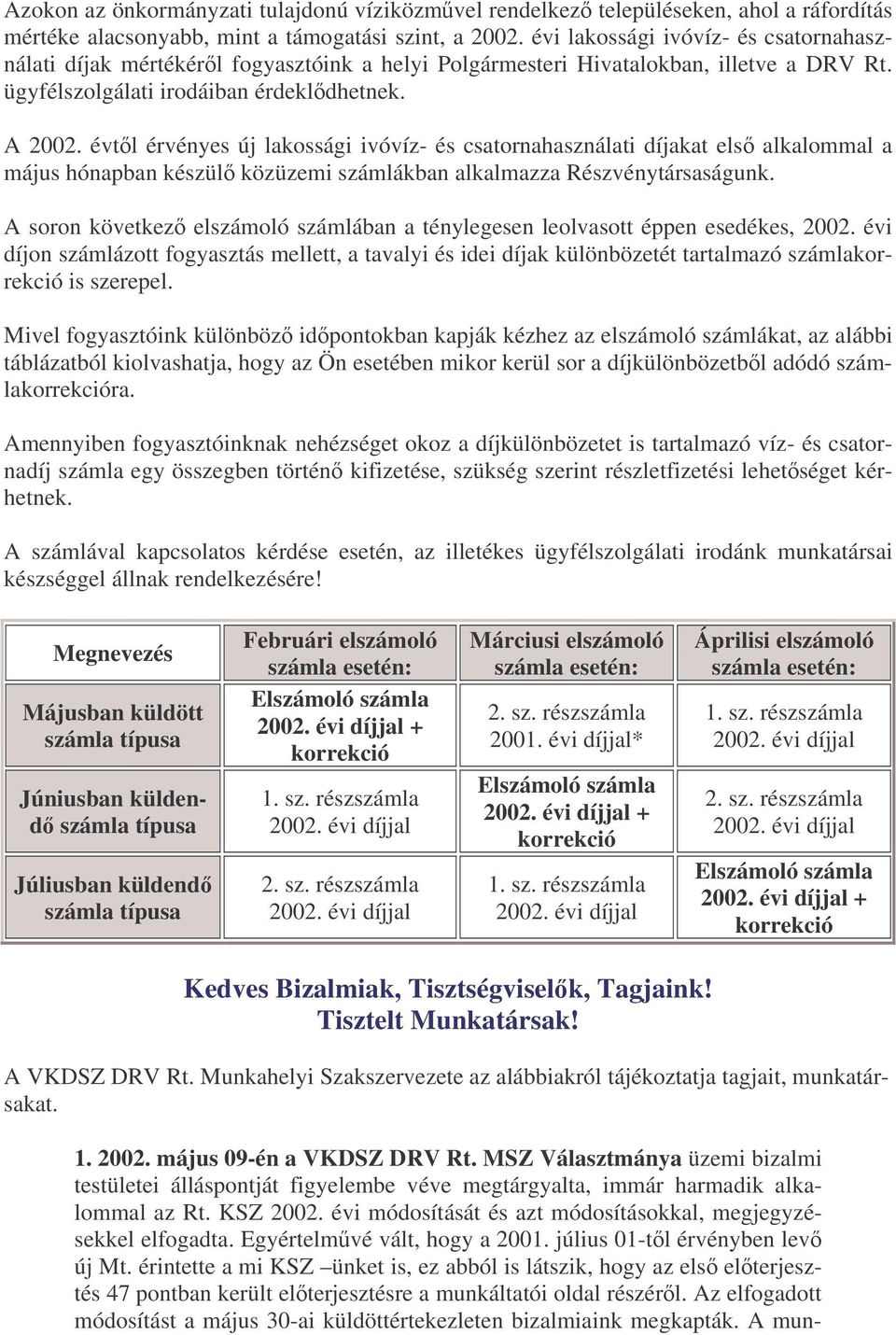 évtl érvényes új lakossági ivóvíz- és csatornahasználati díjakat els alkalommal a május hónapban készül közüzemi számlákban alkalmazza Részvénytársaságunk.