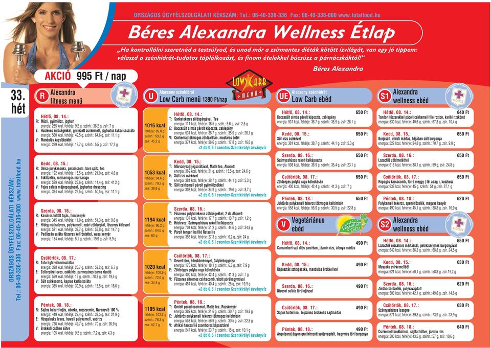 : UE Low Carb ebéd S1 ORSZÁGOS ÜGYFÉLSZOLGÁLATI KÉKSZÁM: Hétfô, 08. 14.: R: Müzli, gyümölcs, joghurt energia: 255 kcal, fehérje: 9,2 g, szénh.