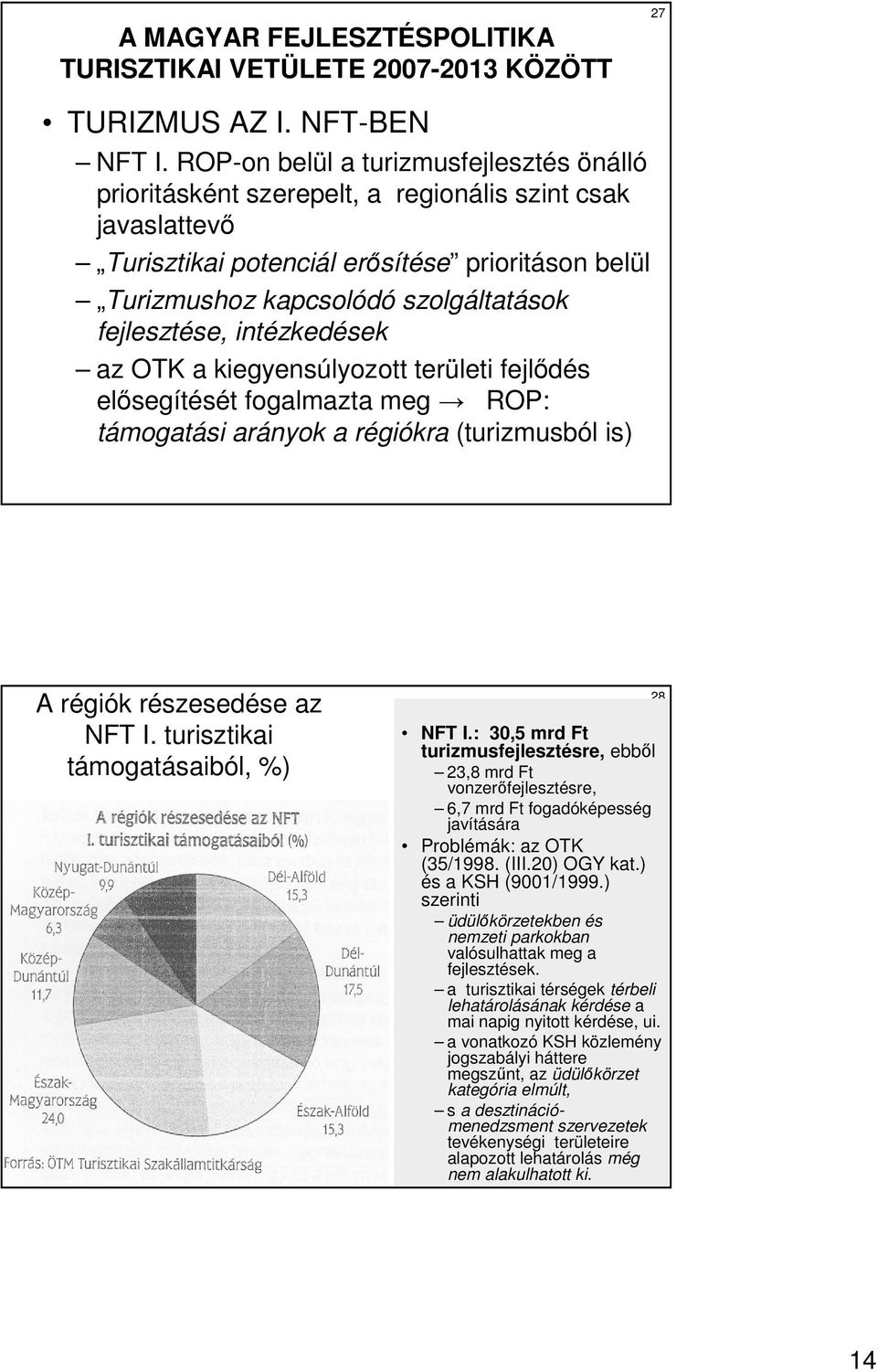 fejlesztése, intézkedések az OTK a kiegyensúlyozott területi fejlıdés elısegítését fogalmazta meg ROP: támogatási arányok a régiókra (turizmusból is) A régiók részesedése az NFT I.