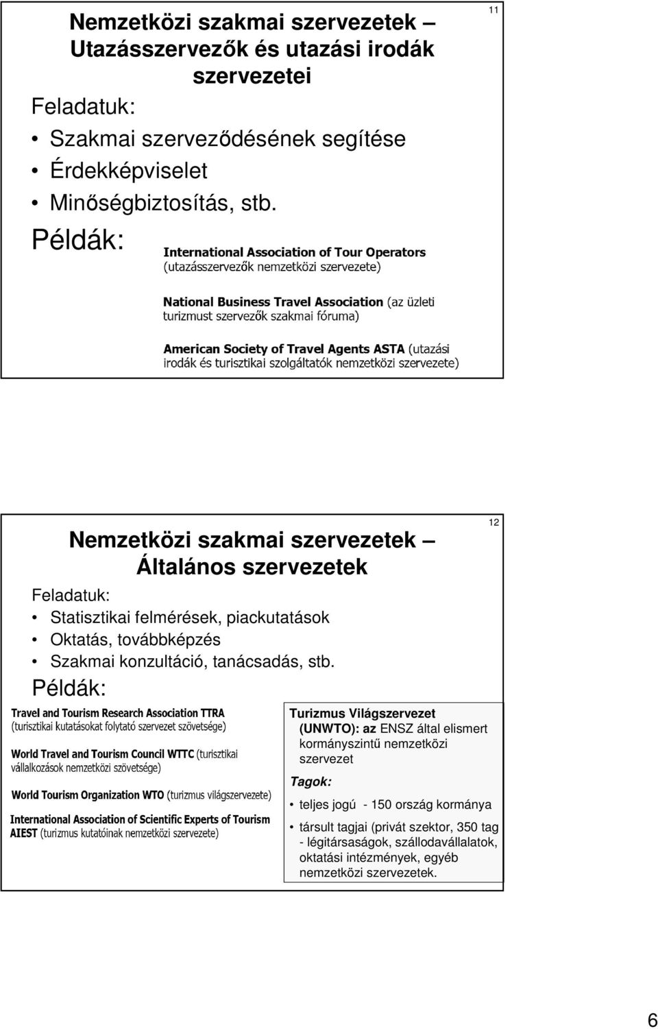 Példák: 11 Nemzetközi szakmai szervezetek Általános szervezetek Feladatuk: Statisztikai felmérések, piackutatások Oktatás, továbbképzés Szakmai