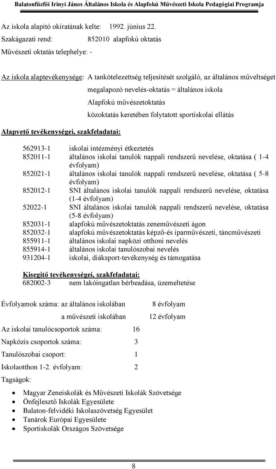 szakfeladatai: megalapozó nevelés-oktatás = általános iskola Alapfokú művészetoktatás közoktatás keretében folytatott sportiskolai ellátás 562913-1 iskolai intézményi étkeztetés 852011-1 általános