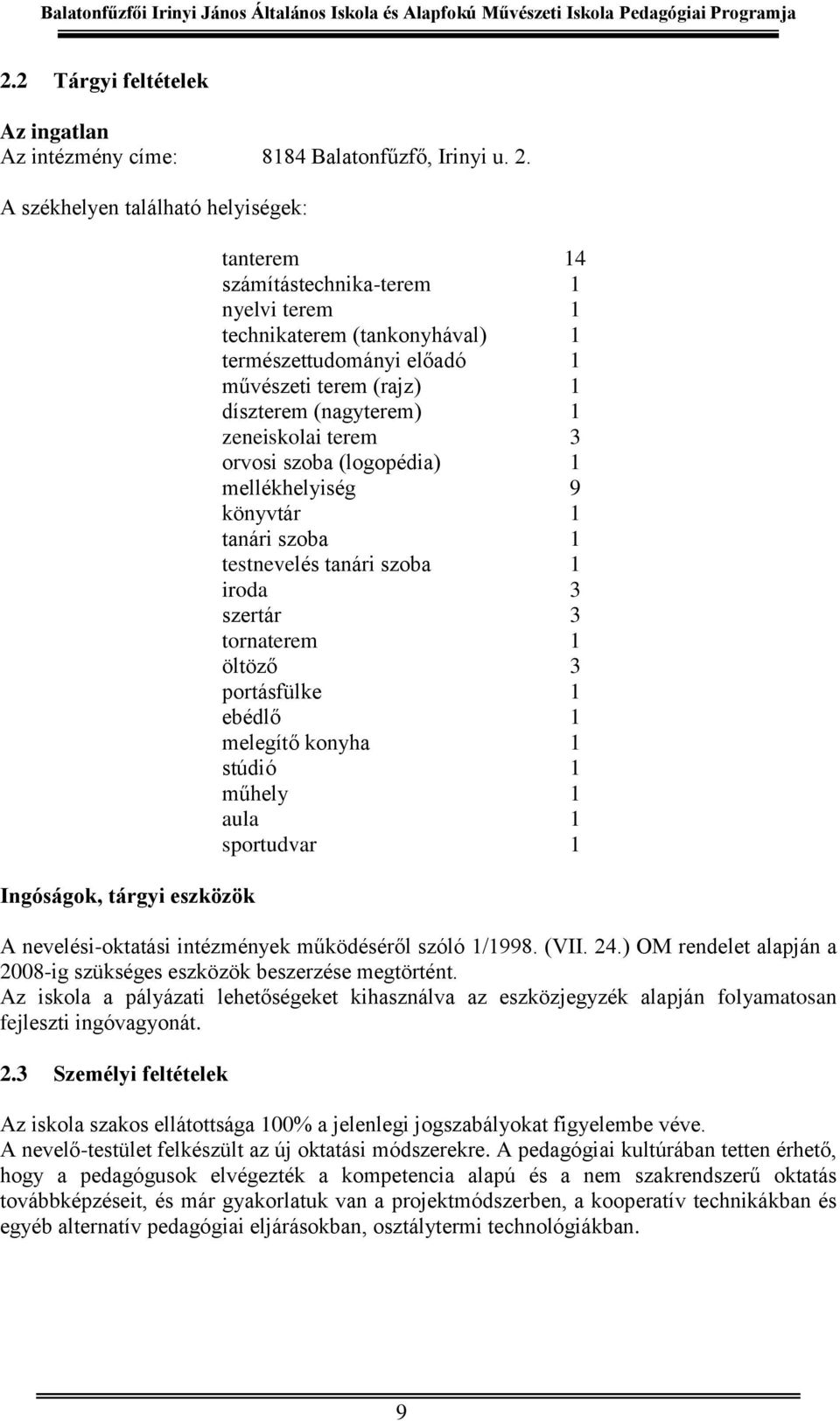 díszterem (nagyterem) 1 zeneiskolai terem 3 orvosi szoba (logopédia) 1 mellékhelyiség 9 könyvtár 1 tanári szoba 1 testnevelés tanári szoba 1 iroda 3 szertár 3 tornaterem 1 öltöző 3 portásfülke 1