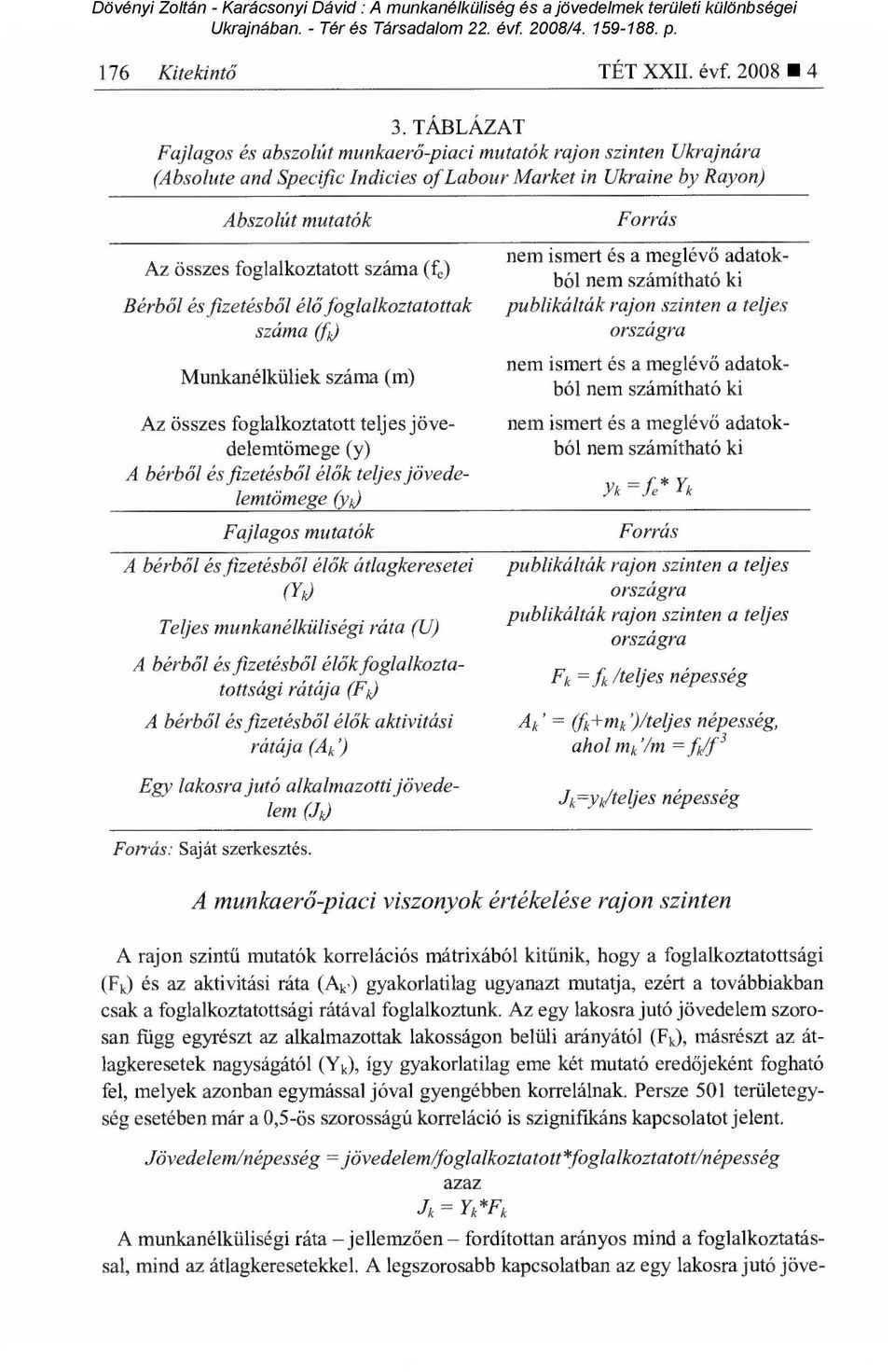 (fe) Bérből és fizetésb ől élő foglalkoztatottak száma (fd Munkanélküliek száma (m) Az összes foglalkoztatott teljes jövedelemtömege (y) A bérb ől és fizetésb ől élők teljes jövedelemtömege (y k)