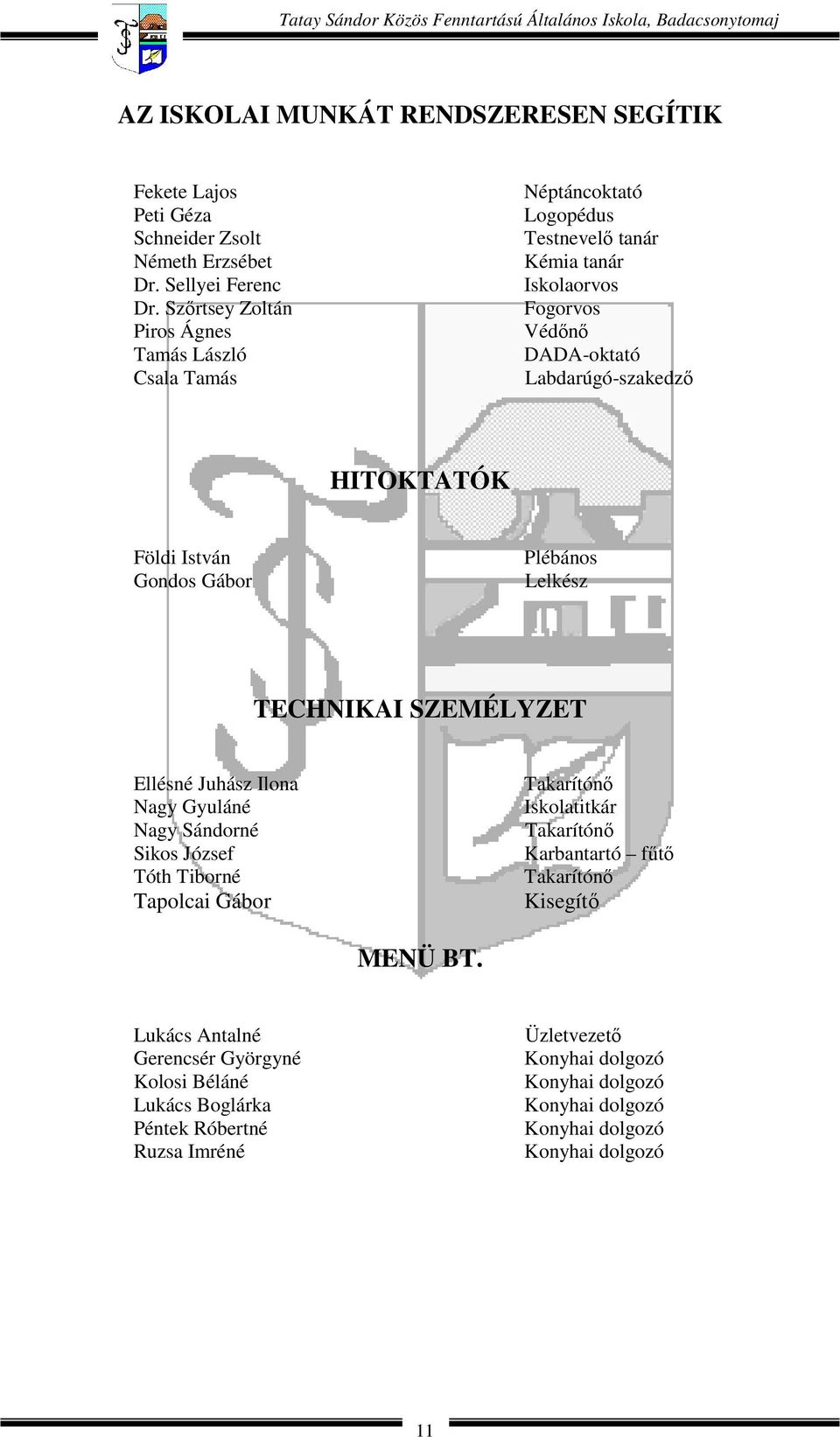 Földi István Gondos Gábor Plébános Lelkész TECHNIKAI SZEMÉLYZET Ellésné Juhász Ilona Nagy Gyuláné Nagy Sándorné Sikos József Tóth Tiborné Tapolcai Gábor Takarítónő Iskolatitkár