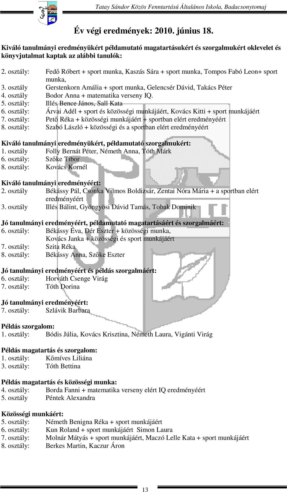 osztály Bodor Anna + matematika verseny IQ. 5. osztály: Illés Bence János, Sall Kata 6. osztály: Árvai Adél + sport és közösségi munkájáért, Kovács Kitti + sport munkájáért 7.