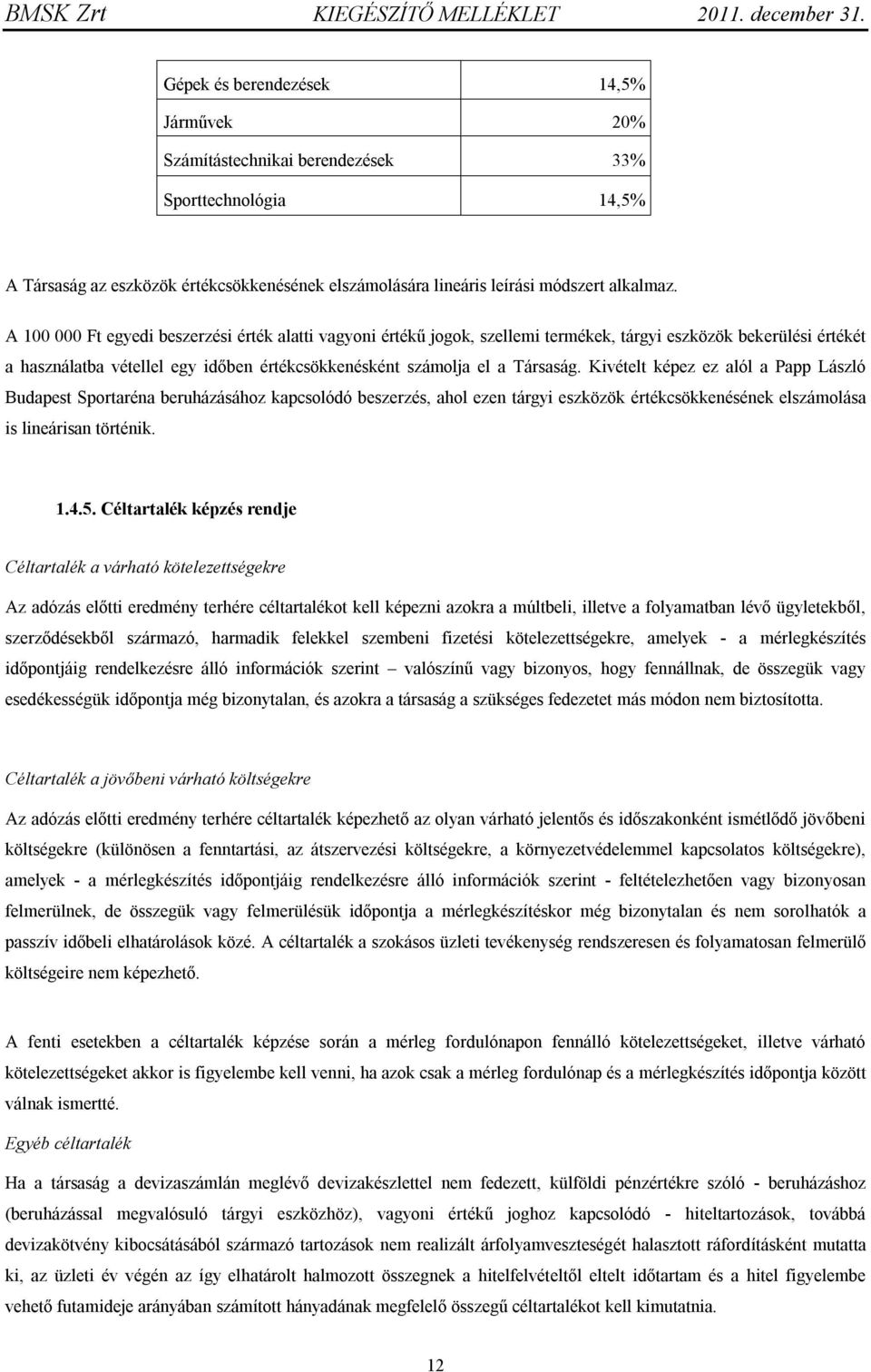 Kivételt képez ez alól a Papp László Budapest Sportaréna beruházásához kapcsolódó beszerzés, ahol ezen tárgyi eszközök értékcsökkenésének elszámolása is lineárisan történik. 1.4.5.