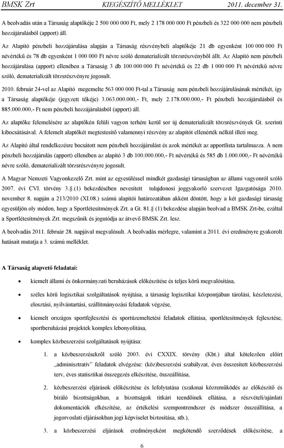 Az Alapító nem pénzbeli hozzájárulása (apport) ellenében a Társaság 3 db 100 000 000 Ft névértékű és 22 db 1 000 000 Ft névértékű névre szóló, dematerializált törzsrészvényre jogosult. 2010.