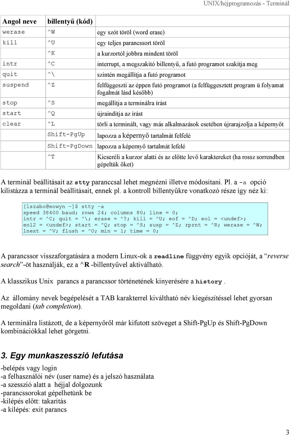 később) stop ^S megállítja a terminálra írást start ^Q újraindítja az írást clear ^L törli a terminált, vagy más alkalmazások esetében újrarajzolja a képernyőt Shift-PgUp lapozza a képernyő tartalmát