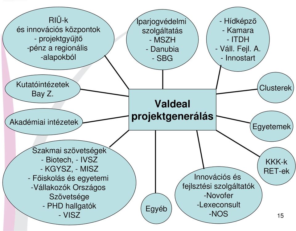 Akadémiai intézetek Valdeal projektgenerálás Clusterek Egyetemek Szakmai szövetségek - Biotech, - IVSZ - KGYSZ, - MISZ -