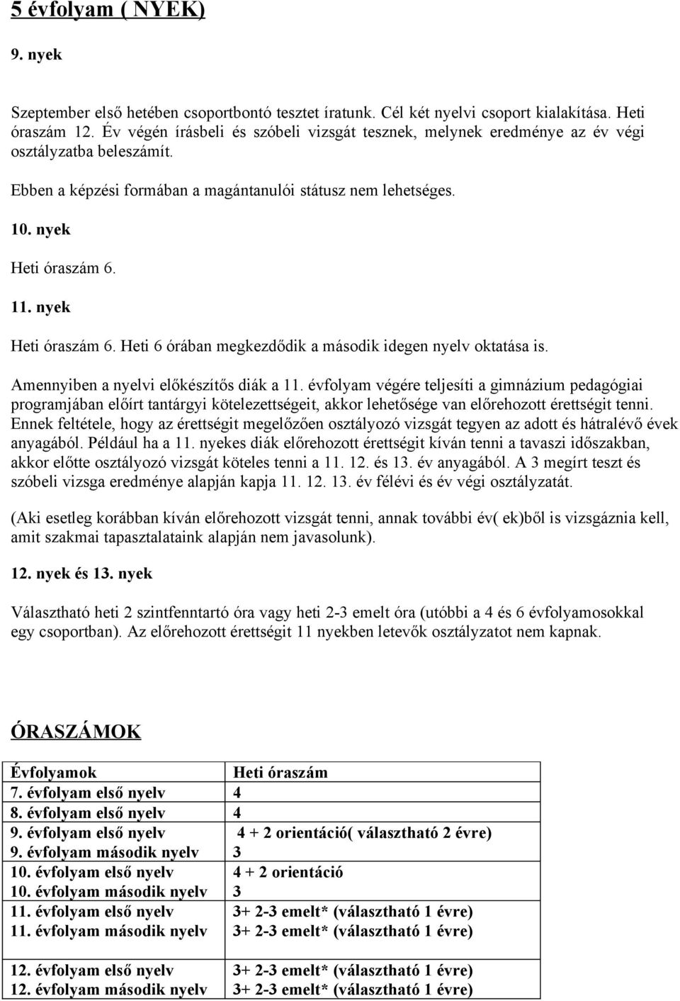 nyek Heti óraszám 6. Heti 6 órában megkezdődik a második idegen nyelv oktatása is. Amennyiben a nyelvi előkészítős diák a 11.