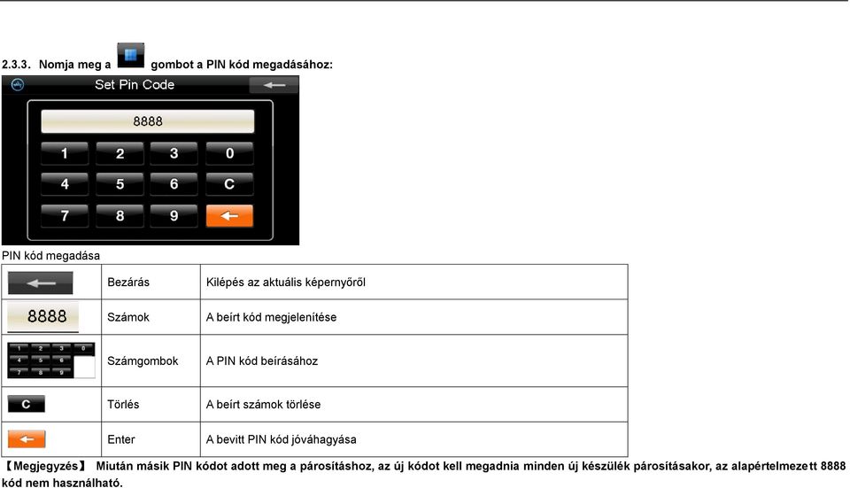 törlése Enter A bevitt PIN kód jóváhagyása Megjegyzés Miután másik PIN kódot adott meg a