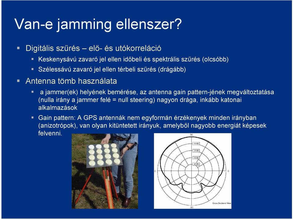 ellen térbeli szűrés (drágább) Antenna tömb használata a jammer(ek) helyének bemérése, az antenna gain pattern-jének megváltoztatása